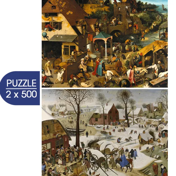 Grafika Brueghel Pieter - 2 Puzzles - L'Art de Pieter Brueghel : Proverbes Flamands - Le Dénombrement de Bethléem* Art|De 500 À 999 Pièces