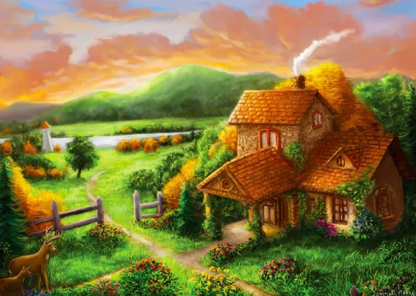 Enjoy Puzzle Cottage at Dusk* Cottages Et Châlets|De 1 000 Pièces